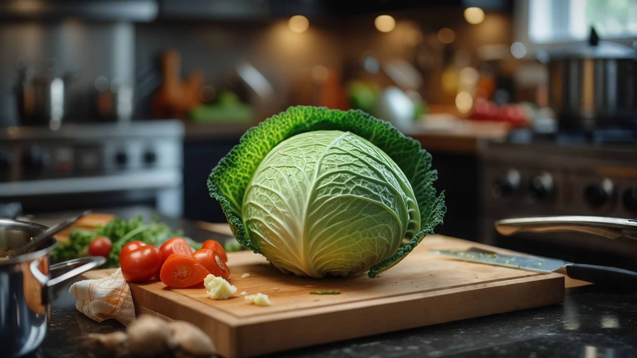 a head of cabbage being sliced