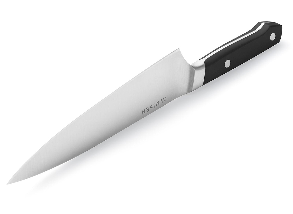 Knife sharpening: the Misen chef's knife with the blade facing up 