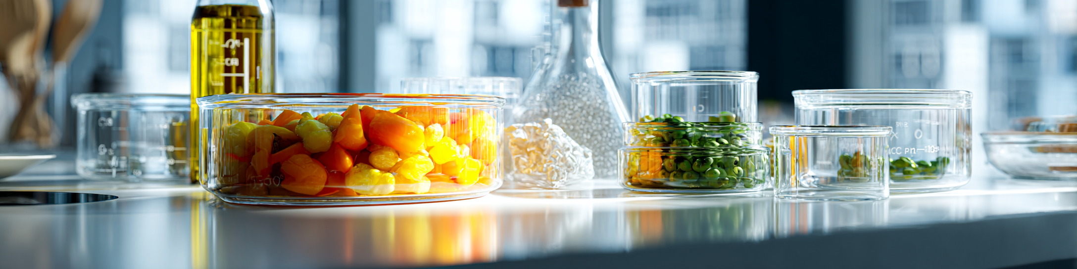 Borosilicate glass cookware and containers on kitchen counter