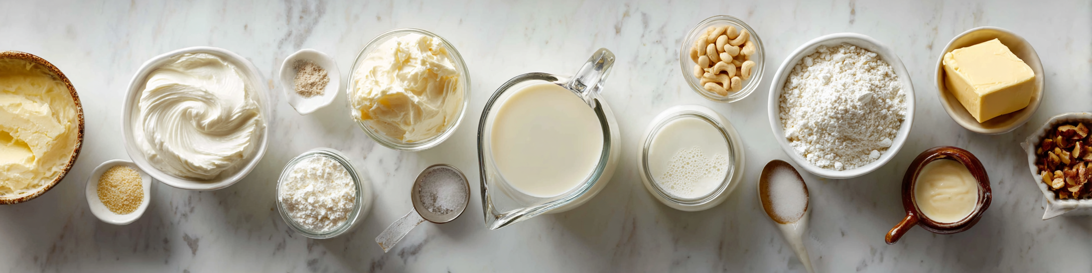 Various heavy cream substitutes including milk, butter, and non-dairy alternatives