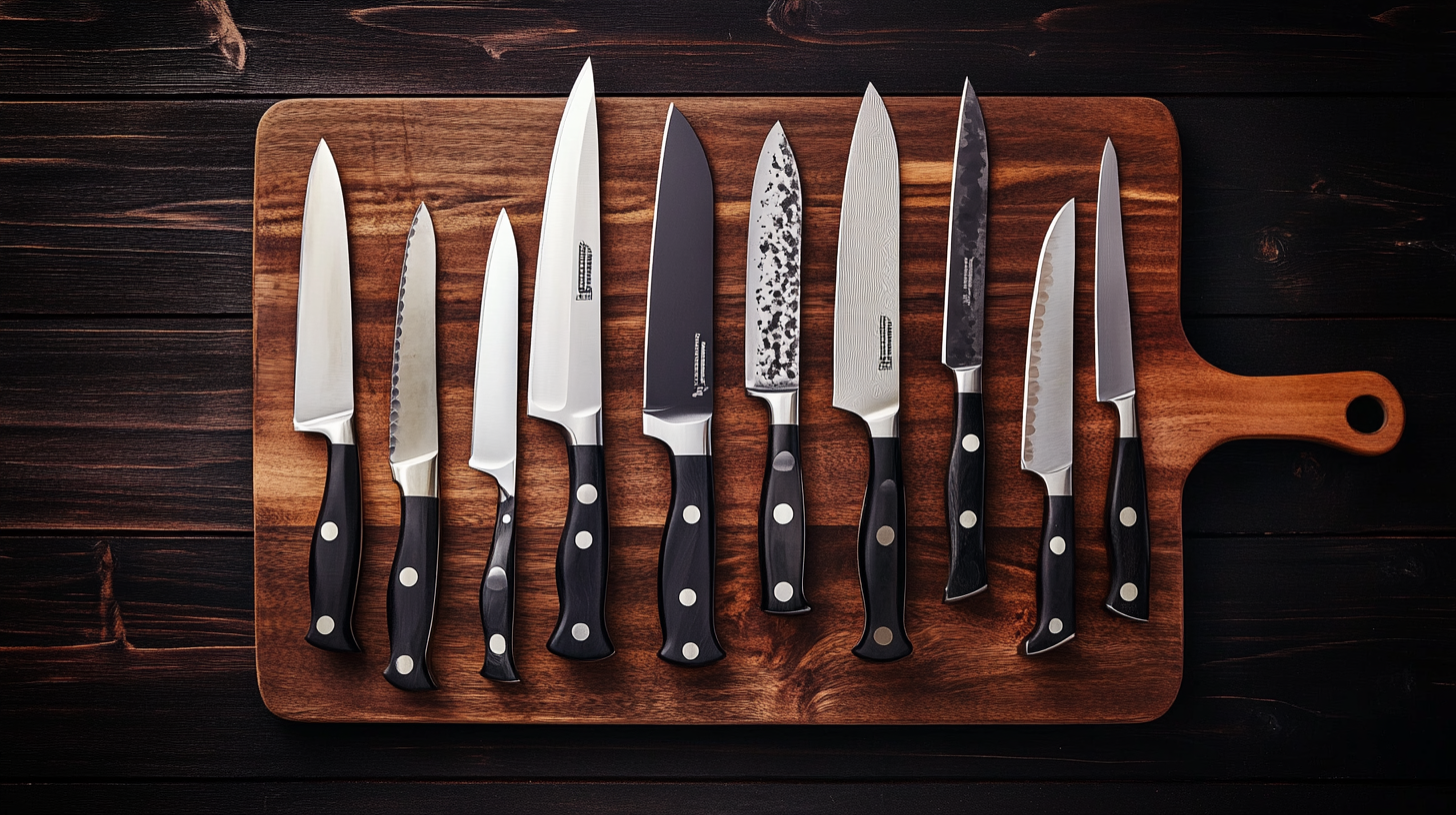 A collection of specialized kitchen knives arranged on a wooden cutting board