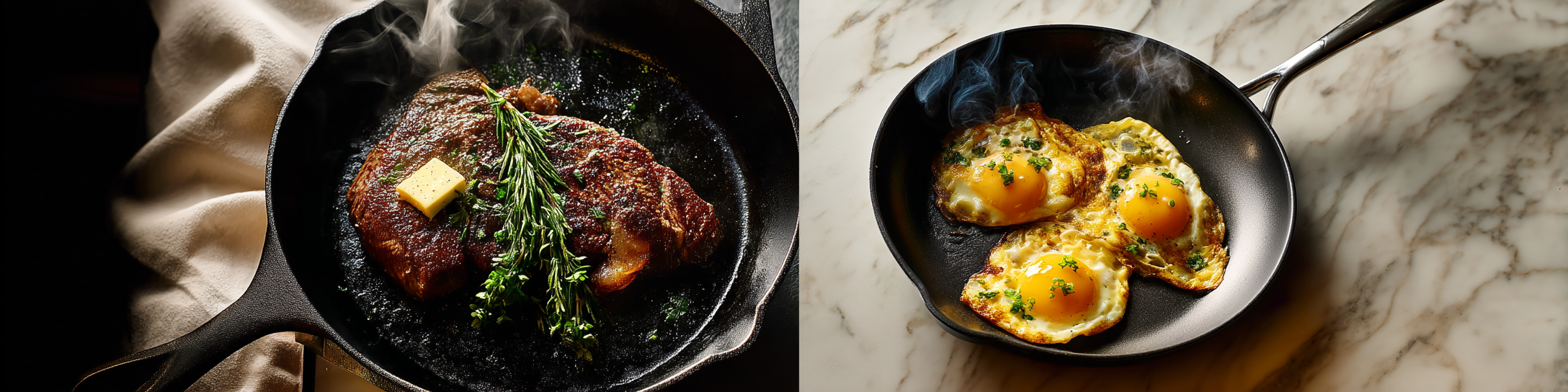 A professional overhead photograph comparing a cast iron skillet and stainless steel frying pan side by side on a clean marble countertop