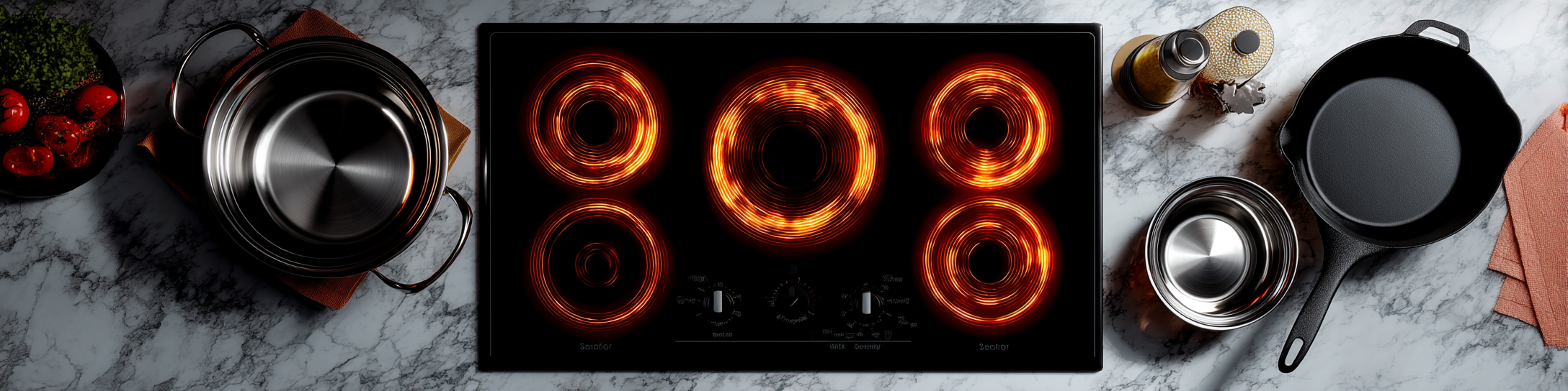 modern glass cooktop stove with carefully arranged cookware showing proper usage