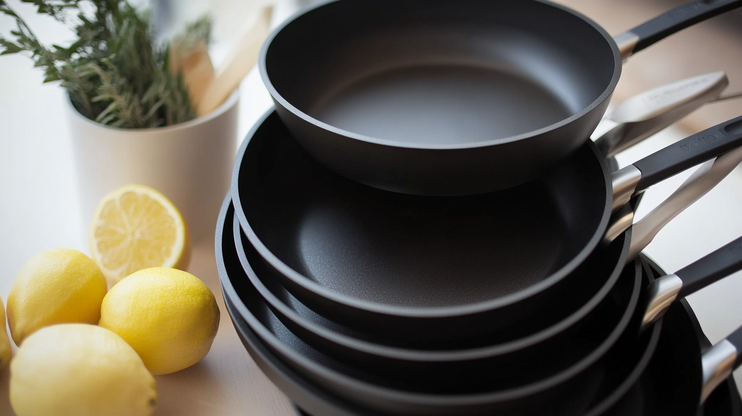 Various non-toxic non-stick pans displayed on a kitchen counter