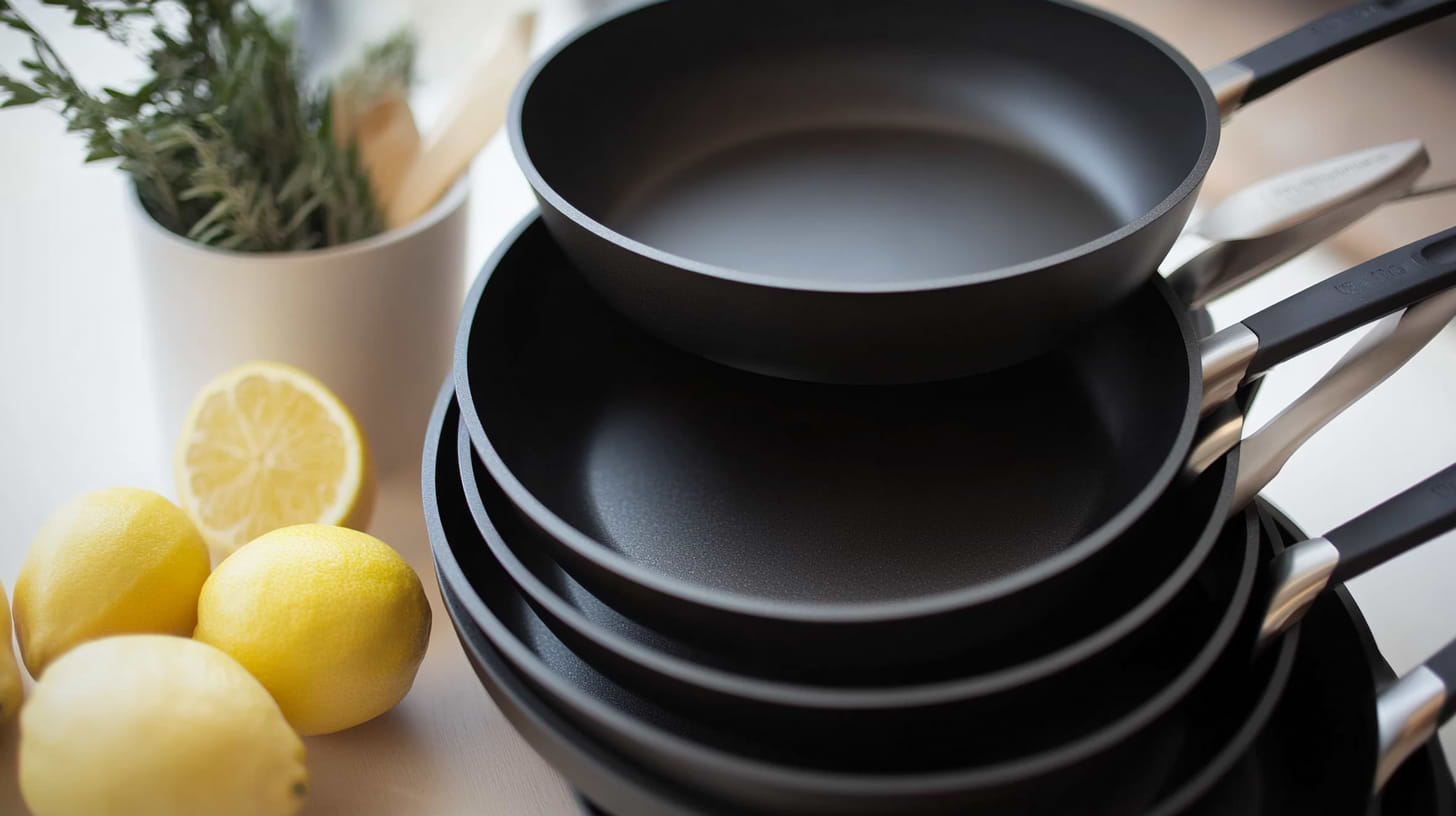 Various non-toxic non-stick pans displayed on a kitchen counter