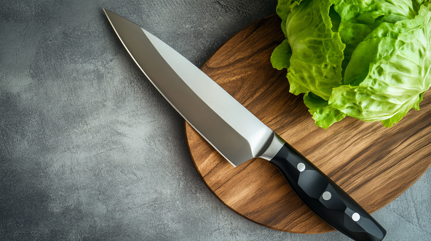 a kitchen knife and a head of lettuce