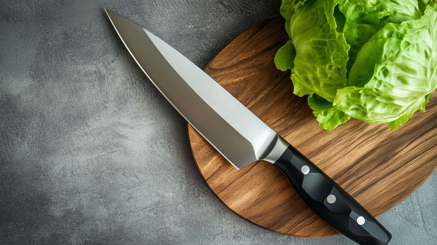 a kitchen knife and a head of lettuce