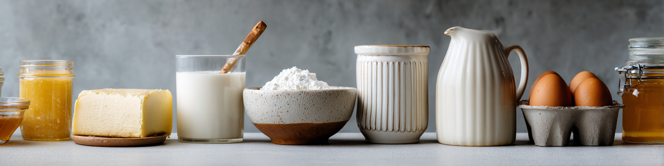 Various heavy cream substitutes in bowls and measuring cups