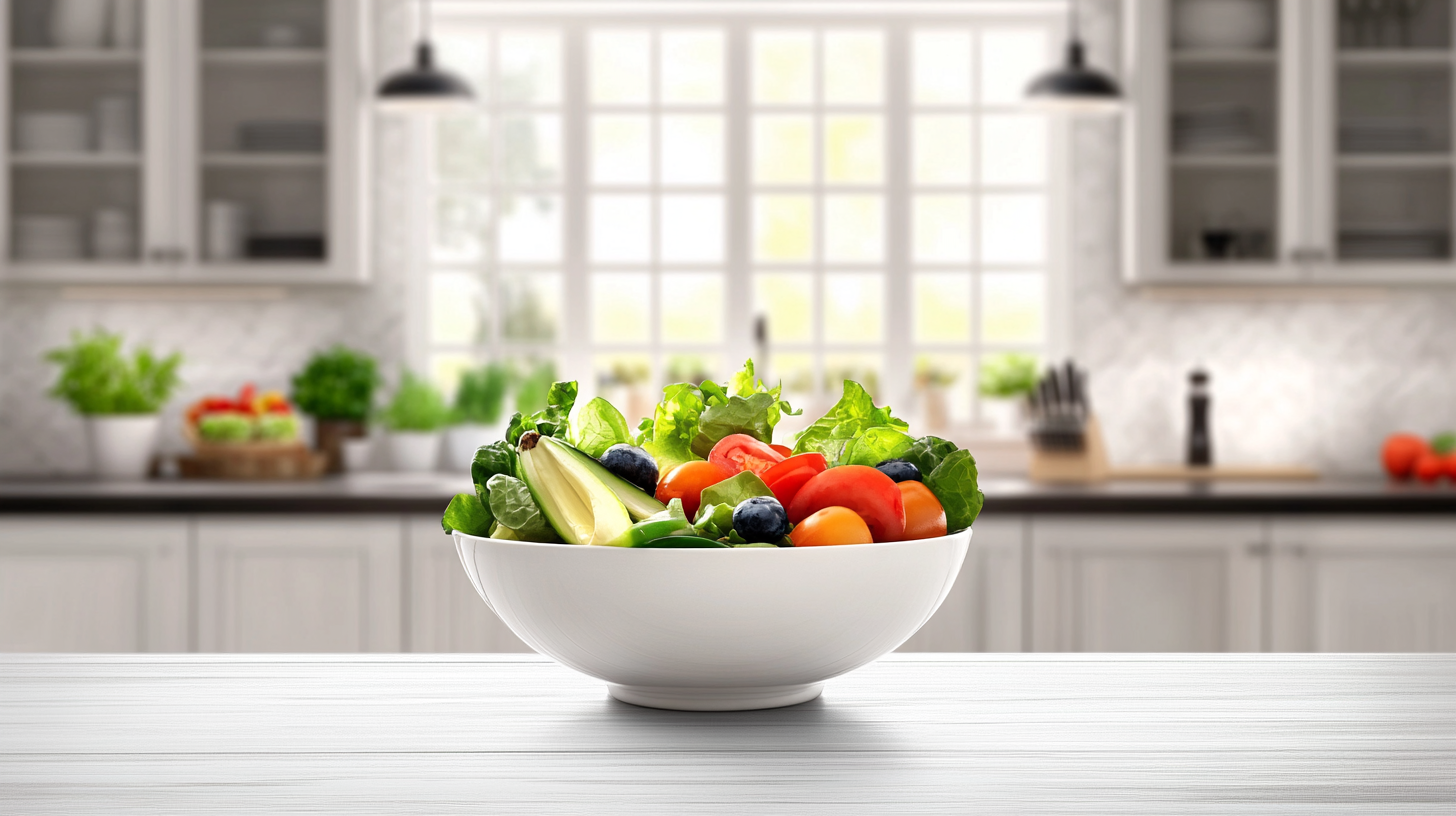 kitchen tongs behind a salad bowl