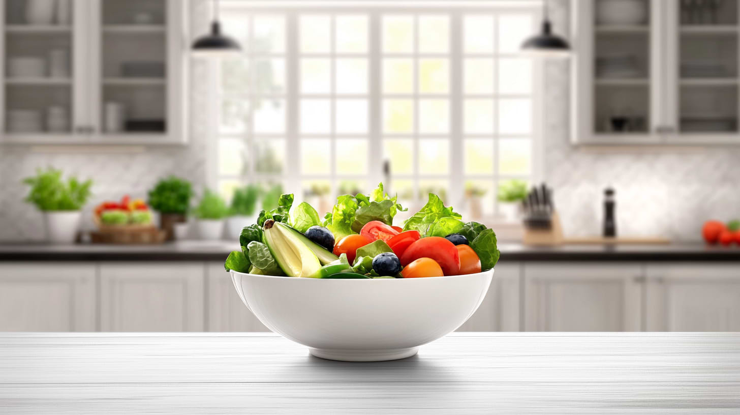 kitchen tongs behind a salad bowl