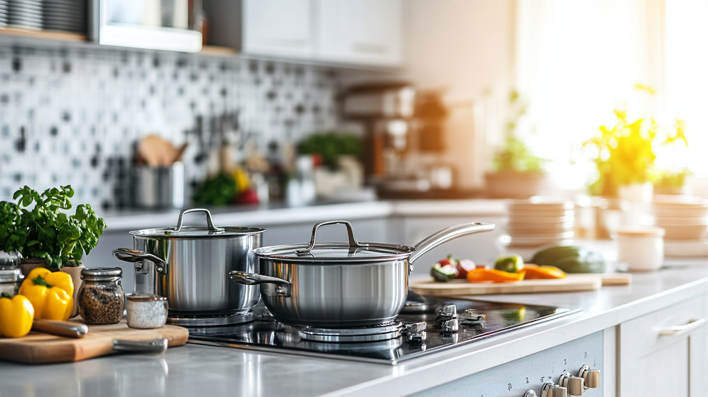 an assortment of stainless steel pans