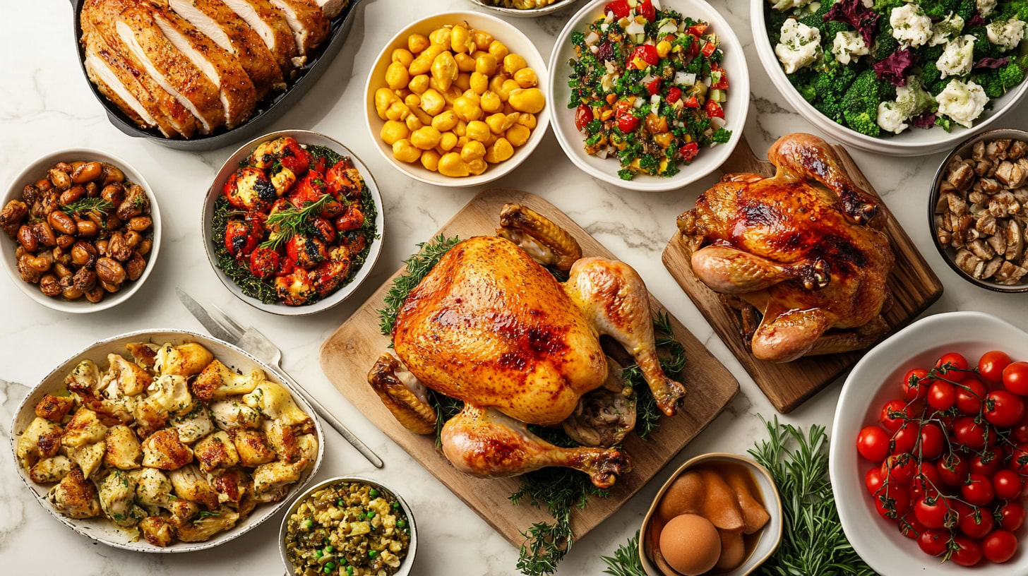 beautiful various chicken dishes laid out on a luxurious American kitchen