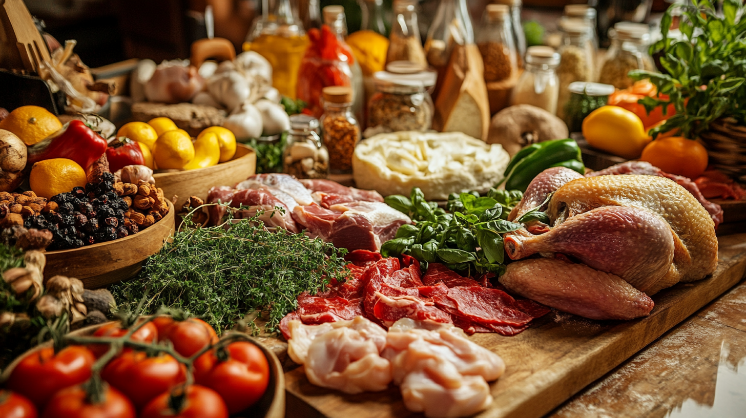 beautiful various whole chickens, raw meat, fish, large vegetables, herbs, dried fruit, pizza crusts, and even packaged foods laid out on a luxurious American kitchen