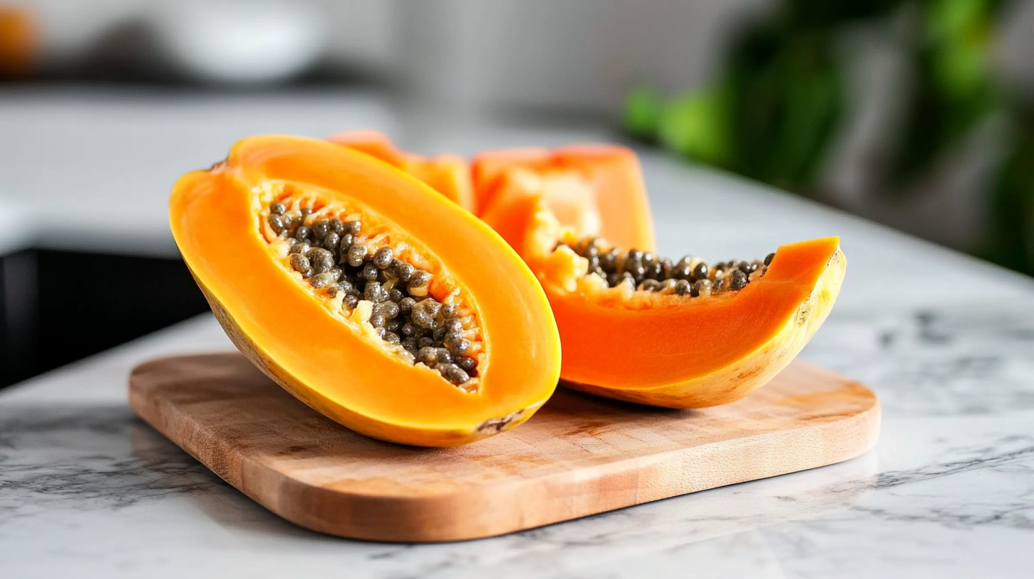 Sliced papaya on a cutting board