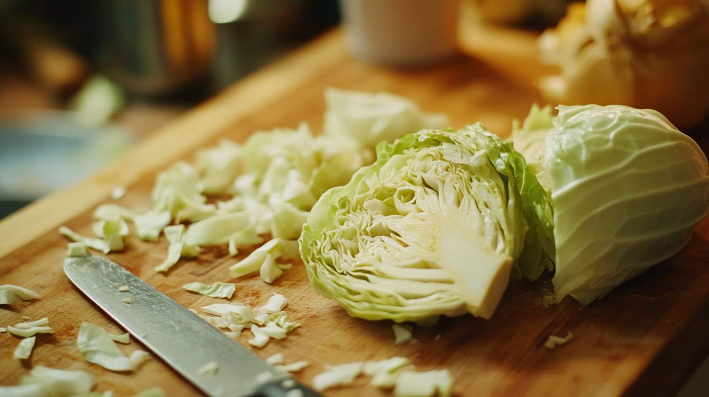 a chef performing a chiffonade cut on cabbage leaves