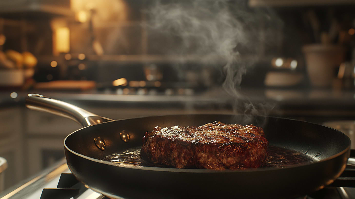 A perfectly seared steak on a cutting board