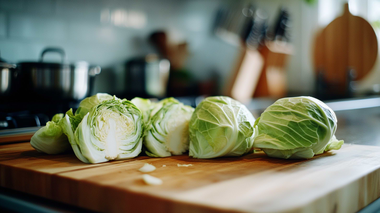 a head of cabbage being sliced
