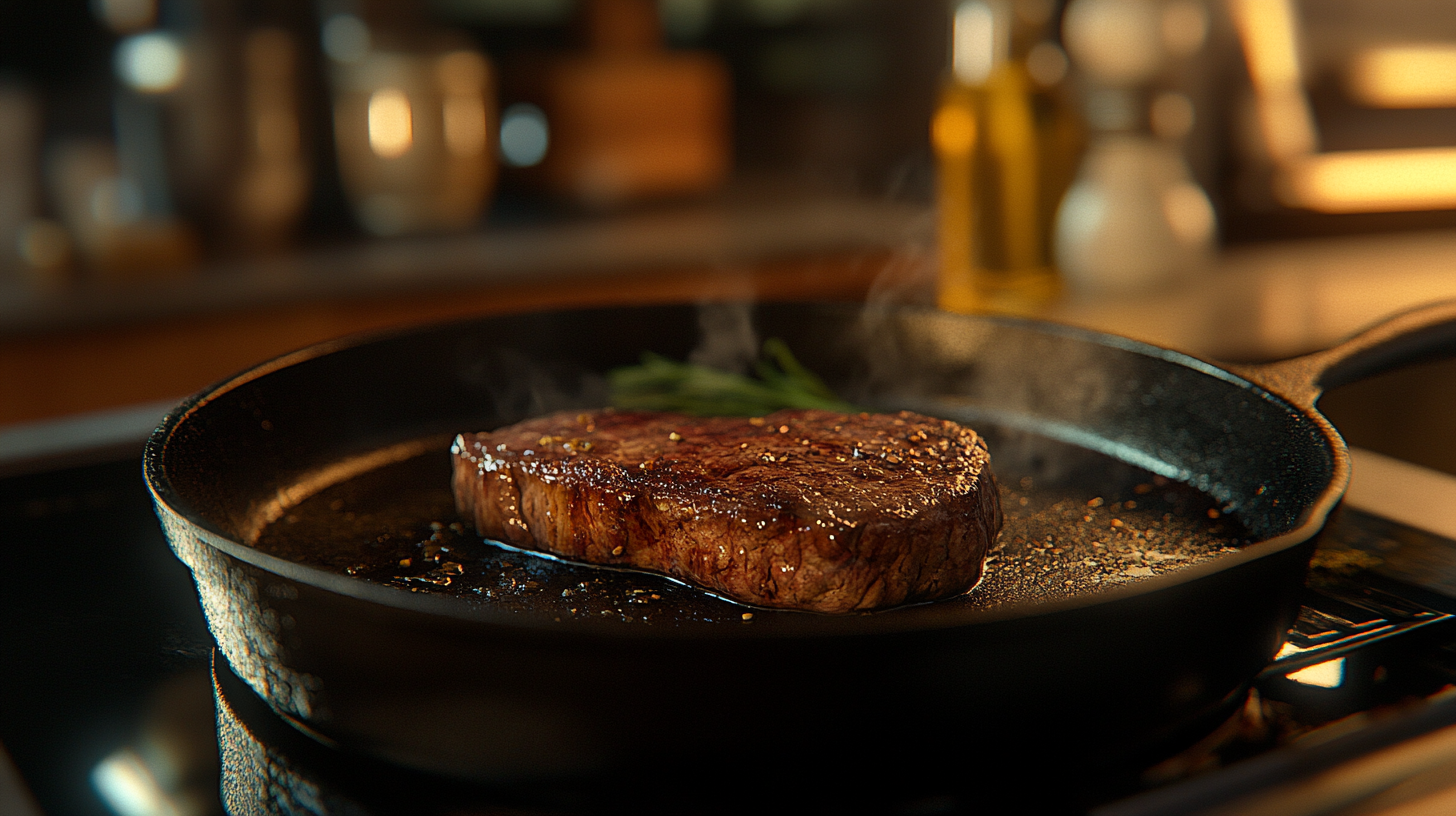a cast iron skillet with a perfectly seared steak