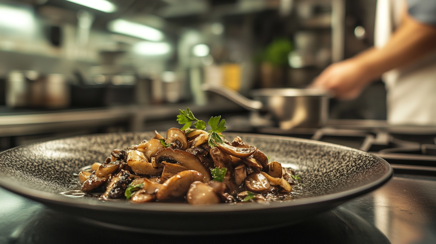 Sautéed mushrooms in a pan