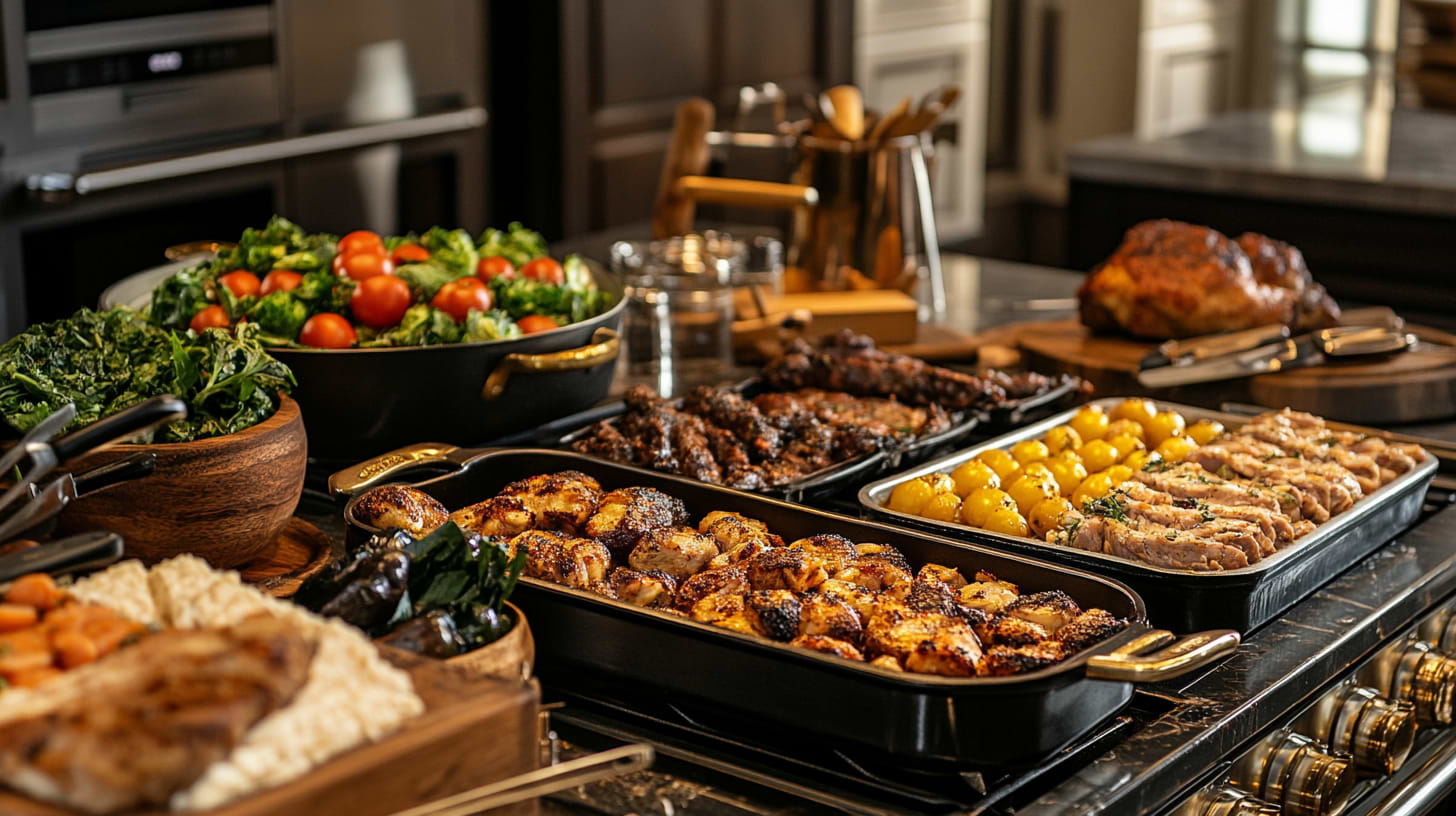 a roasting pan amongst various roasted food items in a luxurious American kitchen