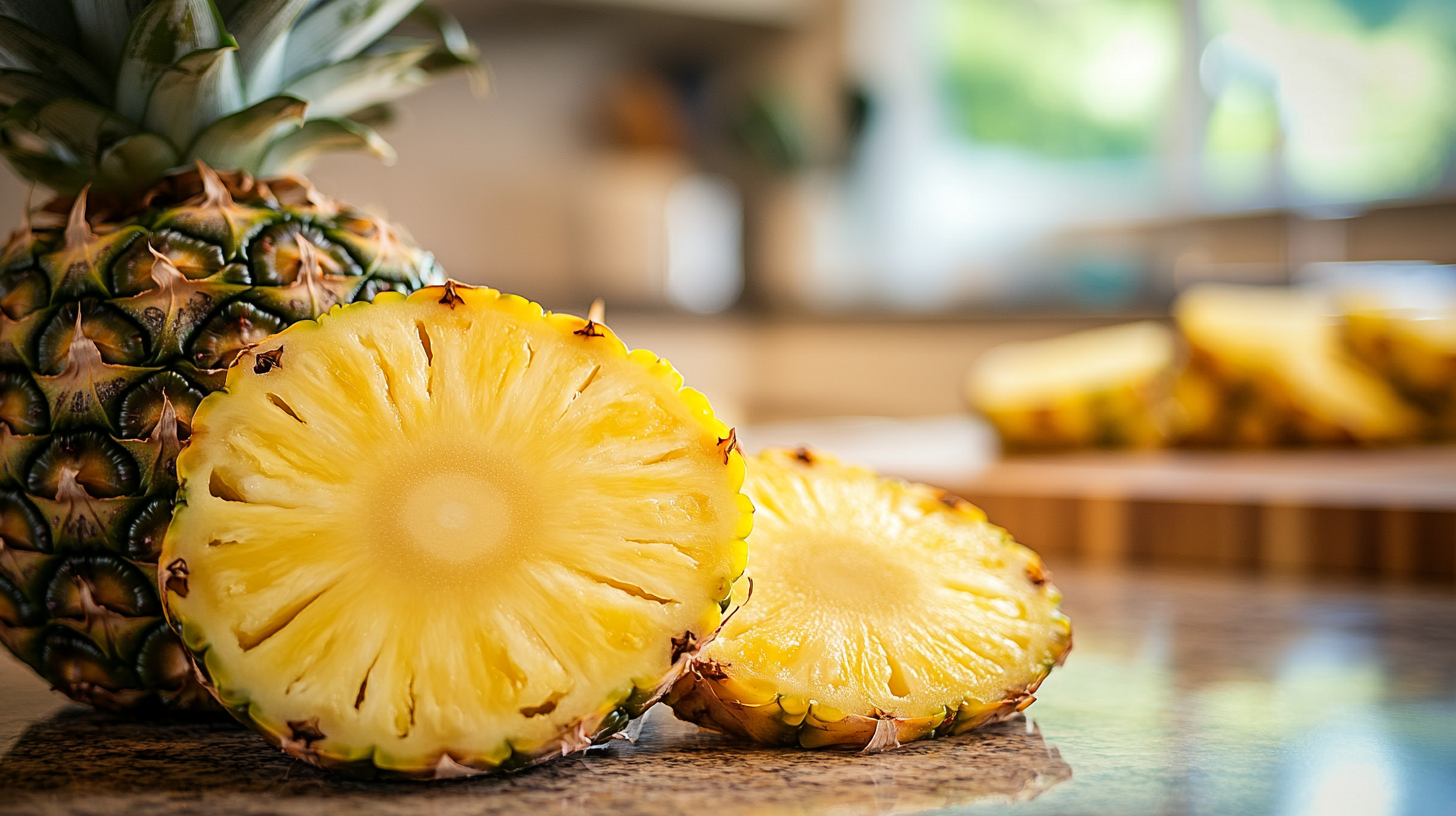 A freshly cut pineapple on a cutting board with a chef's knife