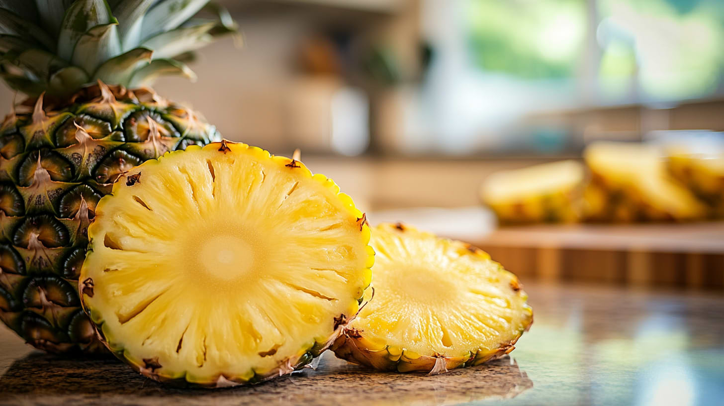 A freshly cut pineapple on a cutting board with a chef's knife