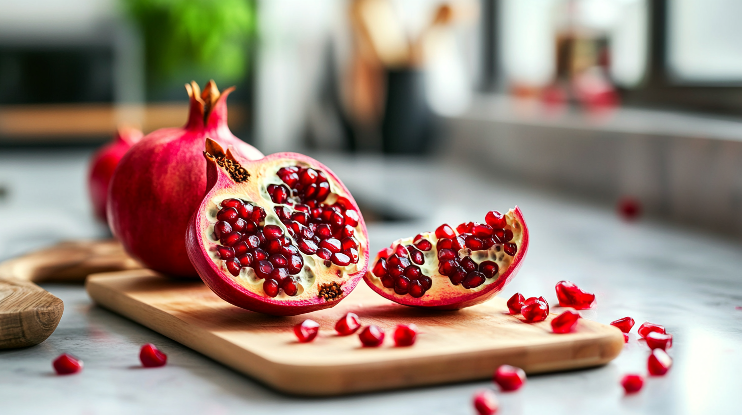 A pomegranate being cut open to reveal its juicy arils