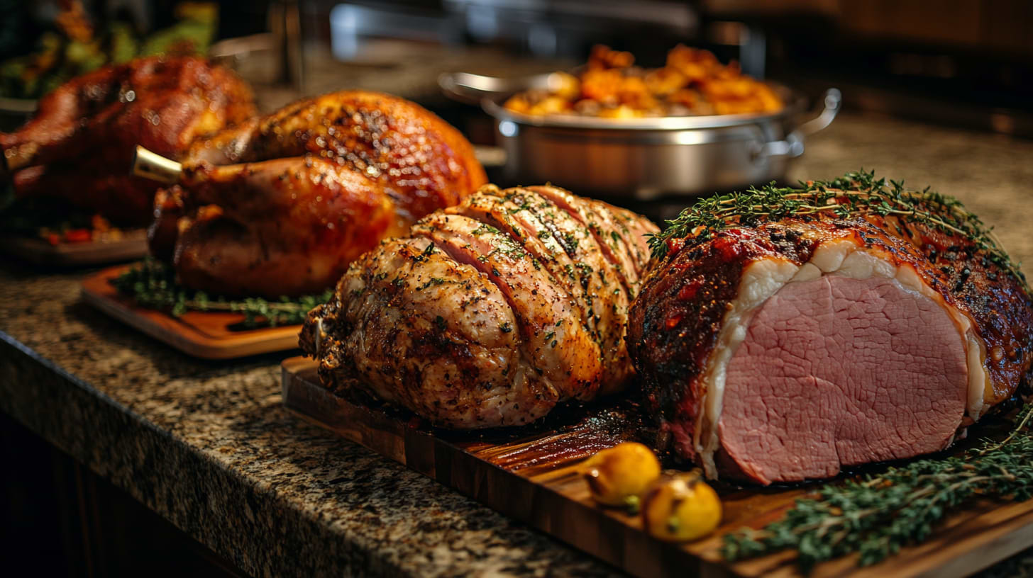 turkey ham and prime rib. the turkey is tender and delicious. the ham is moist and ready to be served. the prime rib is plated. All of them are on a countertop of a luxurious American kitchen