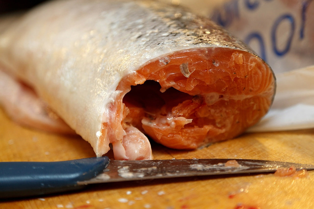 How to sharpen kitchen knives: a fillet knife next to a fillet of fish