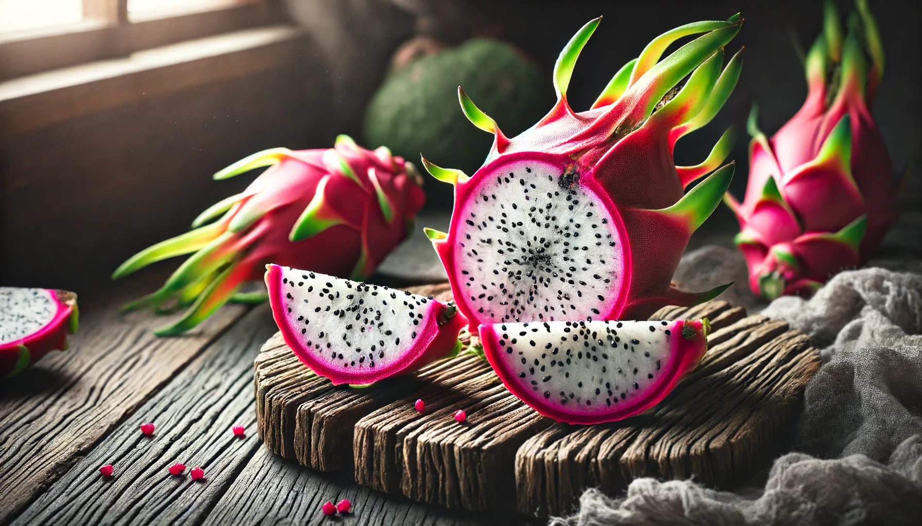 A dragon fruit cut down the middle and into slices.