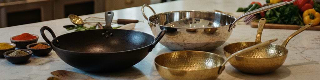 Traditional kadai cooking vessel with various types and materials displayed