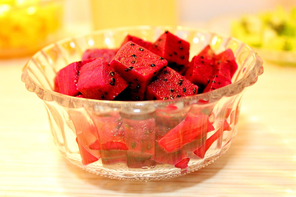 dragon fruit cubed into a fruit salad
