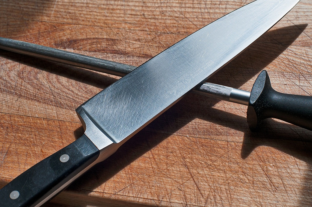 Sharpening stone: a chef's knife and a honing steel