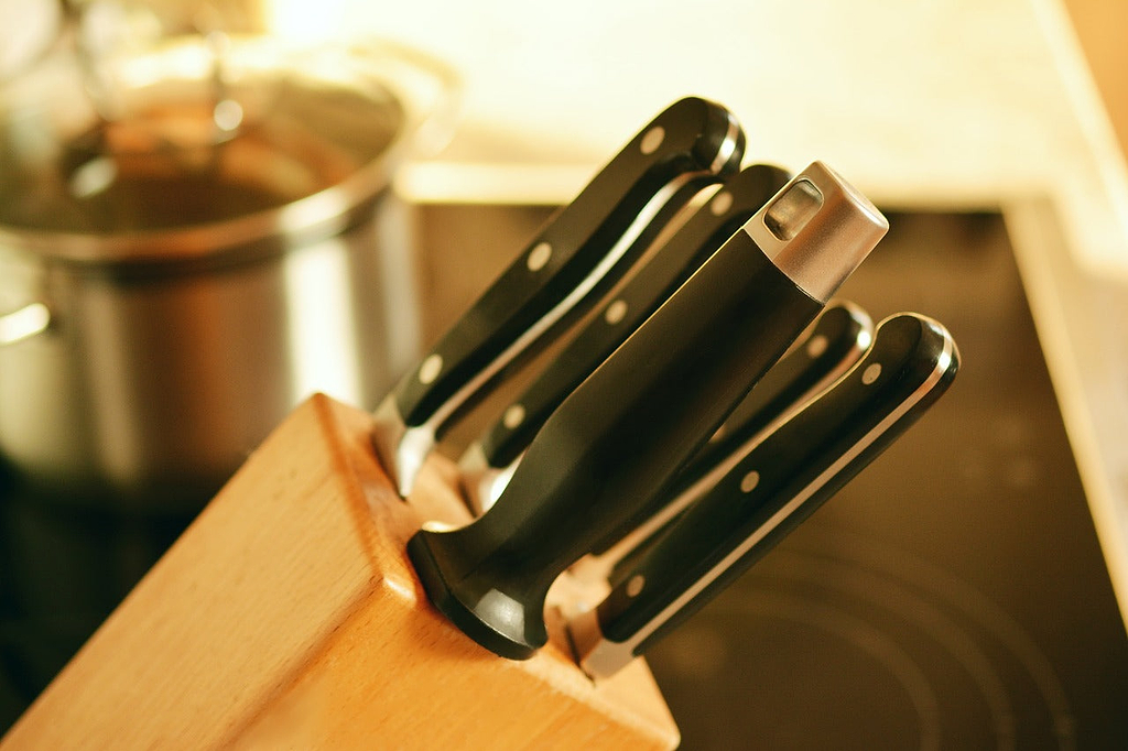 Knife block: a knife block set on a kitchen counter