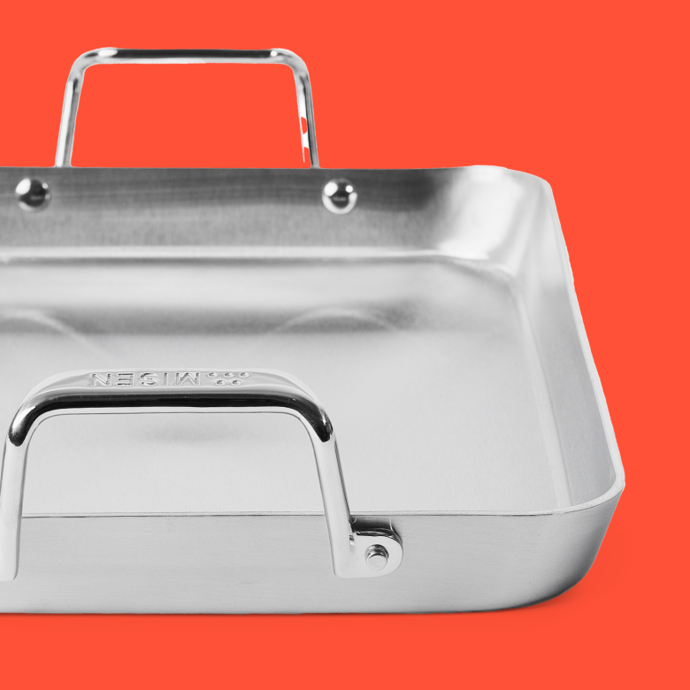 Misen stainless steel roasting pan with handles close-up