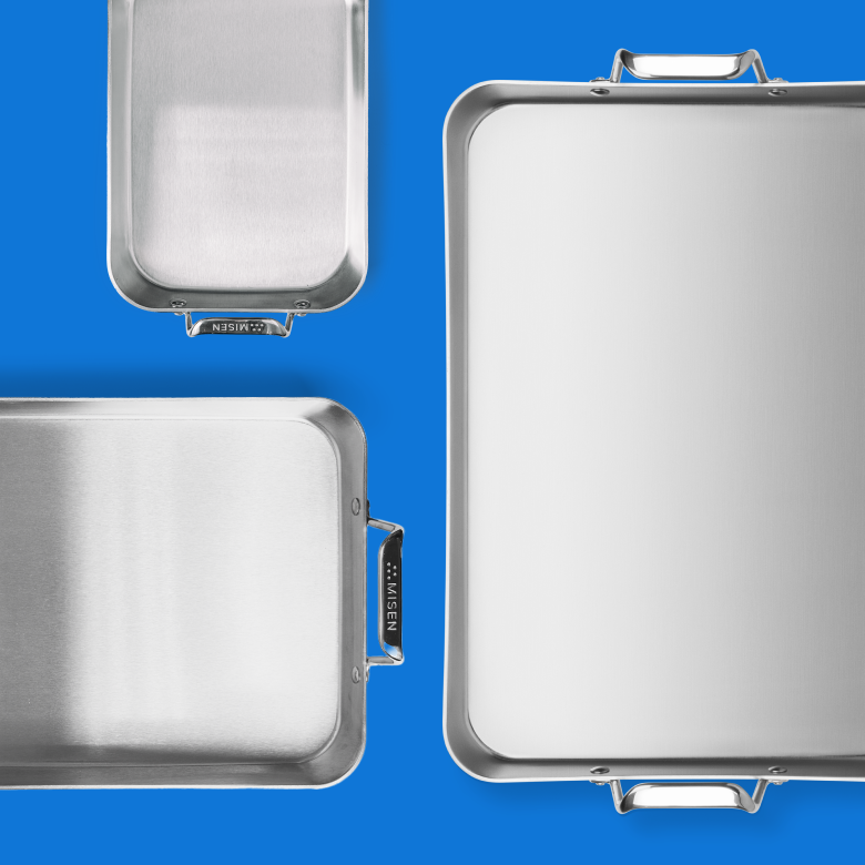 Misen stainless steel baking sheets set of three sizes on blue background