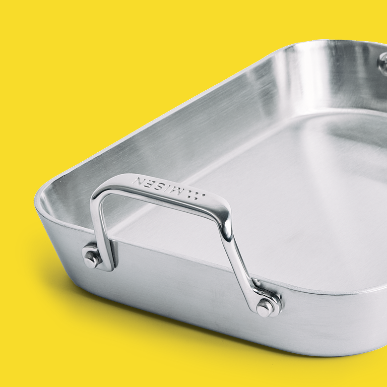 Misen stainless steel roasting pan with loop handles close-up