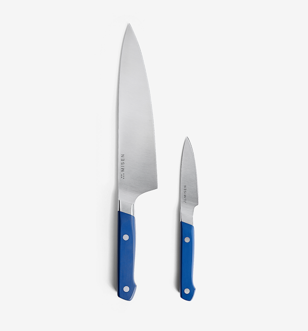 Misen chef knife and paring knife set with blue handles