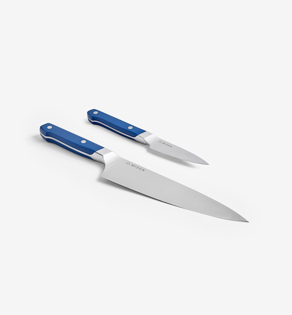 Misen chef's knife and paring knife set with blue handles
