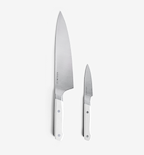 Misen chef knife and paring knife set with white handles and stainless steel blades