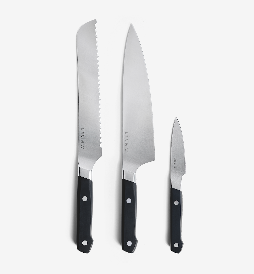 Misen 3-piece kitchen knife set with bread knife, chef's knife, and paring knife