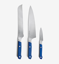 Misen 3-piece knife set with blue handles including bread, chef, and paring knives