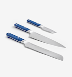 Misen 3-piece knife set with blue handles including chef, bread, and paring knives