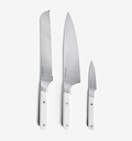 Misen 3-piece knife set with bread knife, chef's knife, and paring knife in white