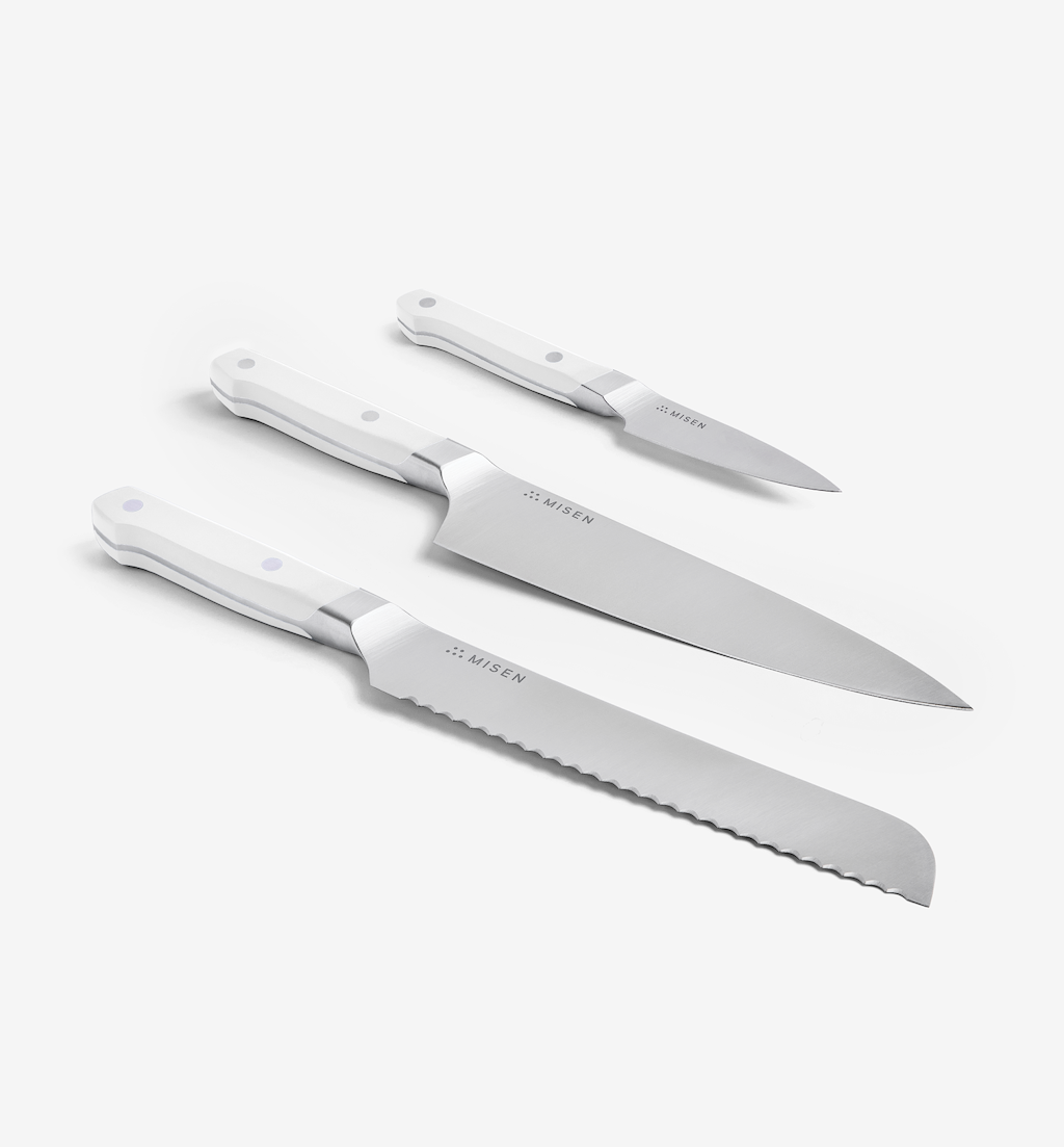 Misen 3-piece kitchen knife set with white handles including chef, bread, and paring knives