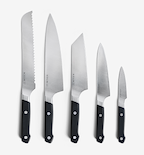 Misen 5-piece kitchen knife set with bread, chef, santoku, utility, and paring knives