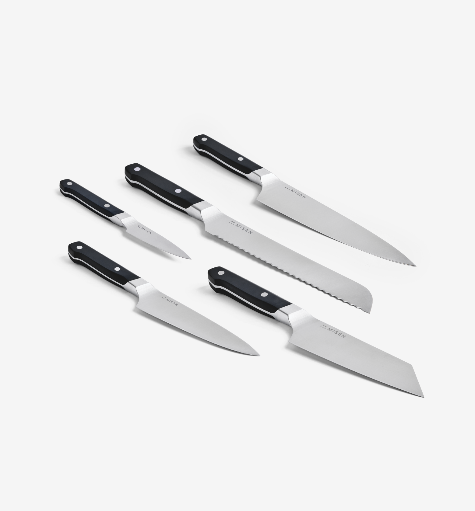 Misen 5-piece kitchen knife set with chef, bread, santoku, utility, and paring knives