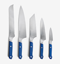 Misen 5-piece kitchen knife set with blue handles arranged by size