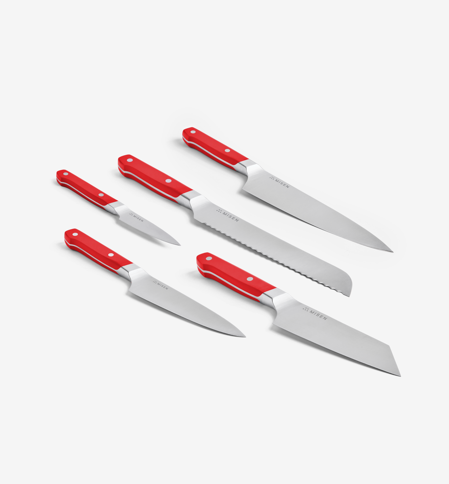 Misen 5-piece kitchen knife set with red handles including chef, bread, and paring knives