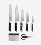 Misen 7-piece kitchen knife set with bread knife, chef knife, santoku, utility knife, paring knife, bench scraper, and kitchen shears